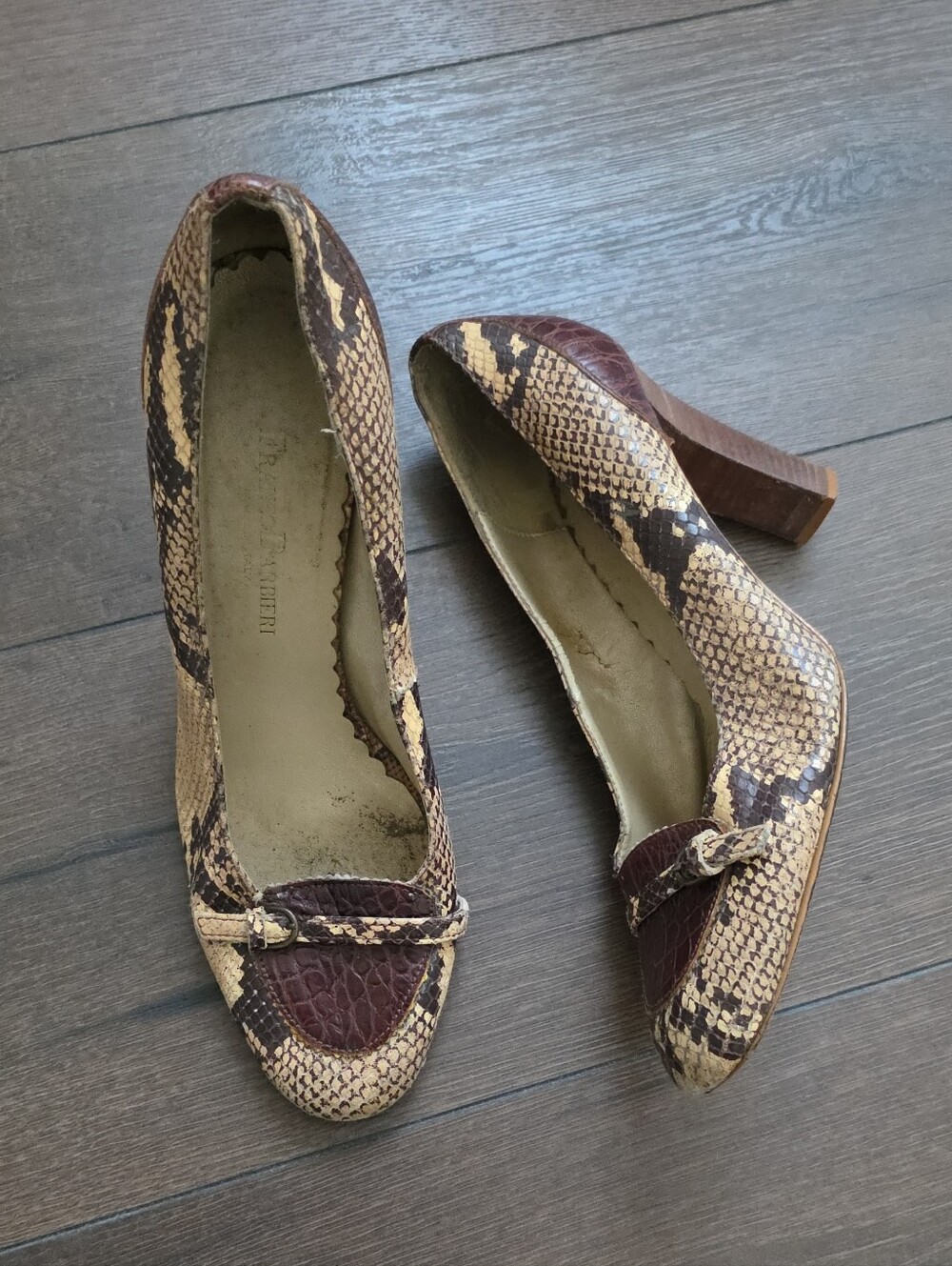 Franco Barbieri Snake-Print Brown & Cream Women’s Block Heel Pumps